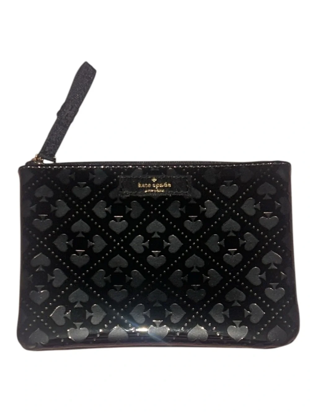 Kate Spade Black Patent Faux Leather Slim Mini Zipper Cosmetic Pouch EUC